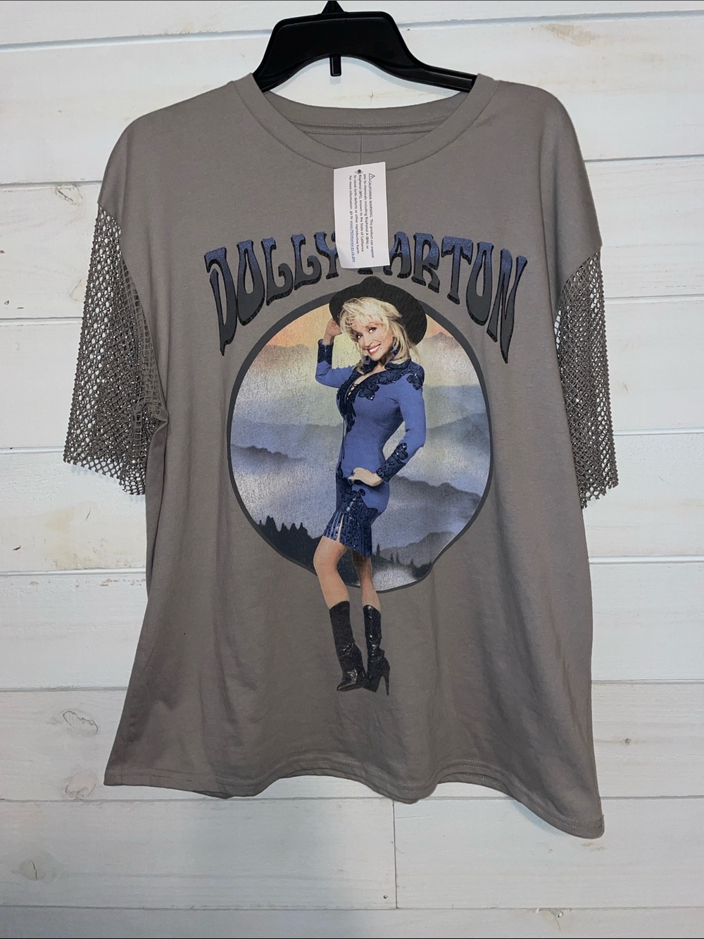 Dolly Parton Gray Graphic Tee with Mesh Sleeves